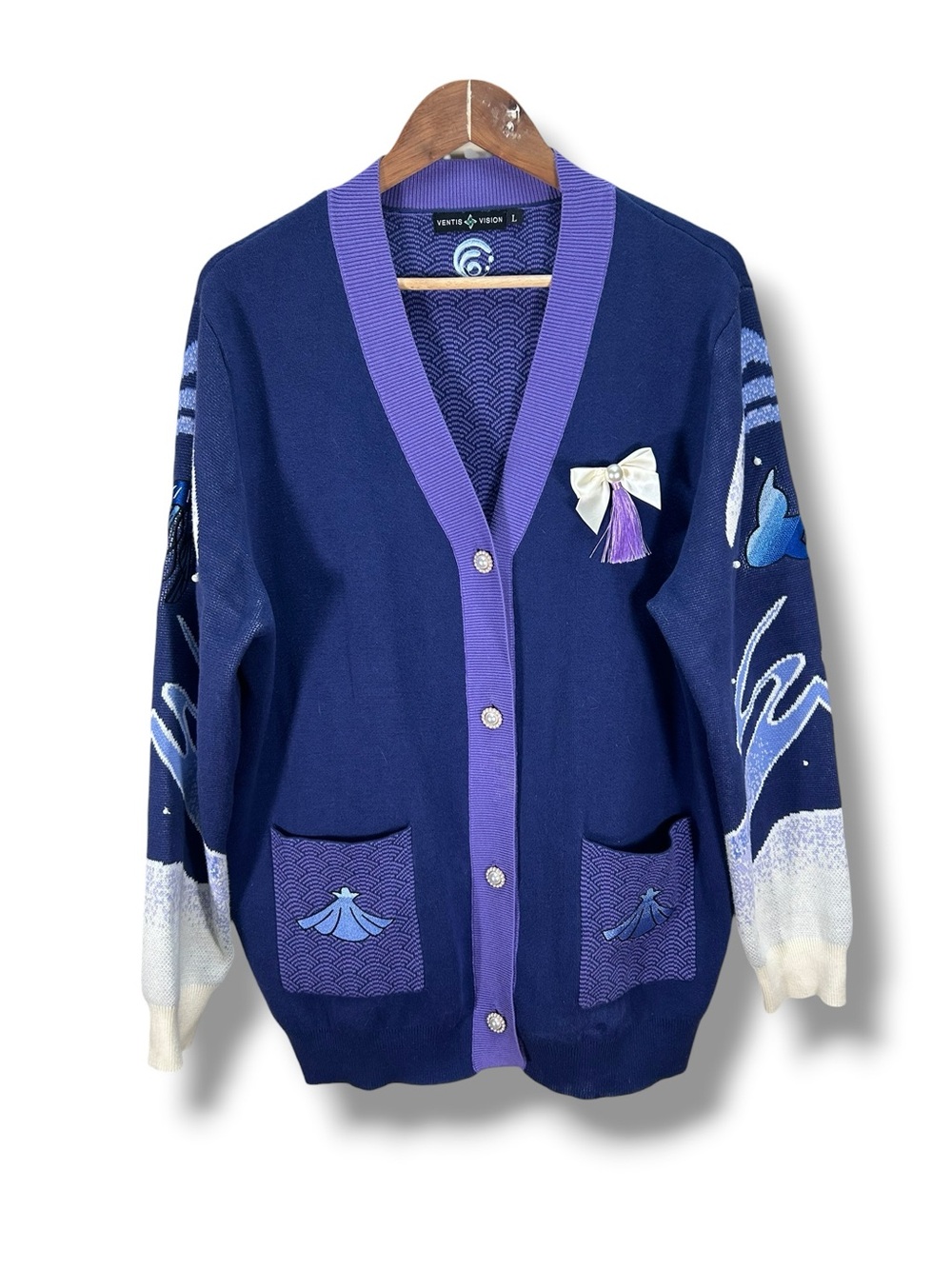 Ventis Vision Genshin Kokomi Purple Embroidered Button Front Cardigan Large